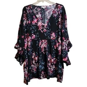 ANDREE By Unit Black Tunic 3X Plus Top Colorful Floral Ruffle Boho Hippie Gypsy